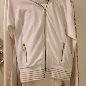 Women’s Cream Zip-Front Track Jacket with Gold Trim and Pants ( 2 Piece Set)